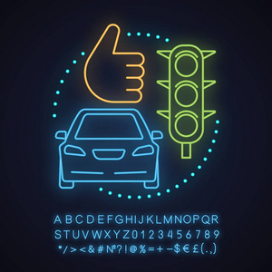 合伙服务霓虹灯概念图标。成功的乘坐分享想法。驾驶汽车。带有字母数字和符号的发光符号。矢量隔离插图