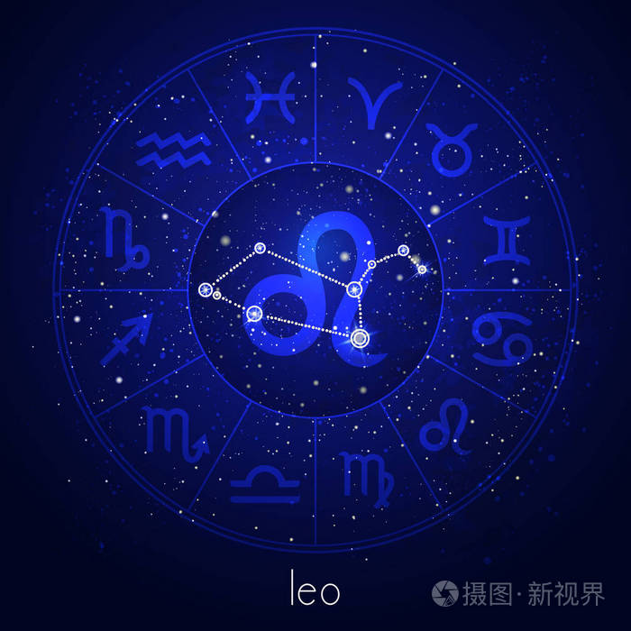 星座和星座狮子座与星座星圈和神圣的符号在星空的夜空背景.