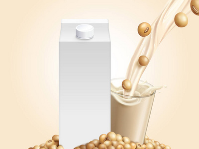 3d 插图用大豆和豆浆倒入玻璃杯的空白牛奶纸盒样机