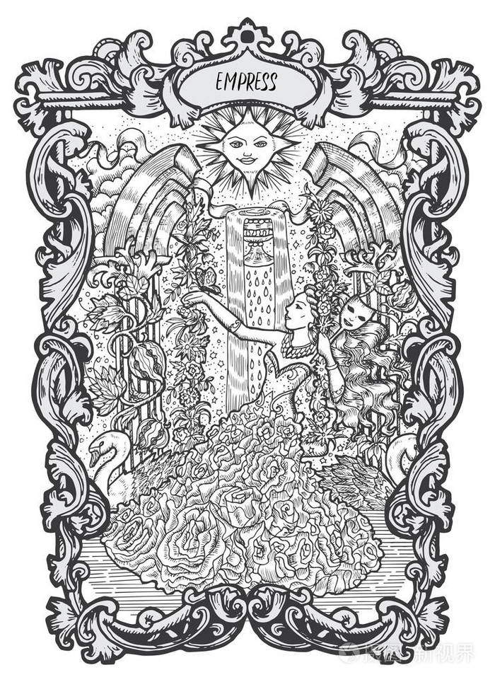 皇后。主要奥秘塔罗牌。魔术门甲板。幻想刻有