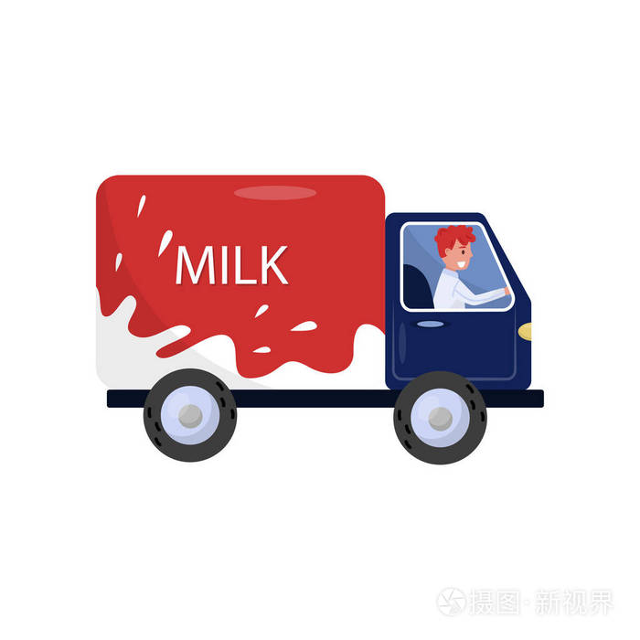 微笑的人驾驶牛奶卡车.送货服务.从工厂到商店的乳制品运输.