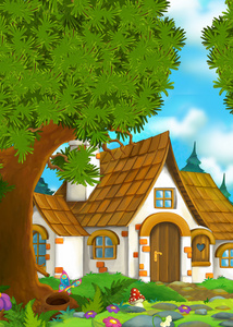 森林里的老房子的卡通背景