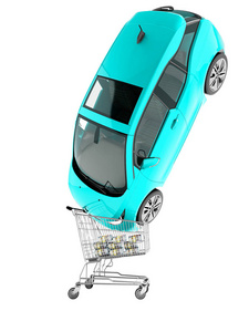 现代销售蓝色电在购物车的钱3d 渲染白色背景无阴影