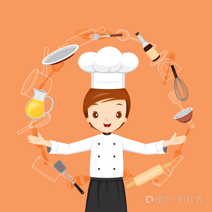 厨师和厨房用具的对象和图标