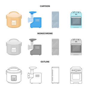 Multivarka, 冰箱, 绞肉机, 煤气炉。家庭集合图标在卡通, 轮廓, 单色风格矢量符号股票插画网站