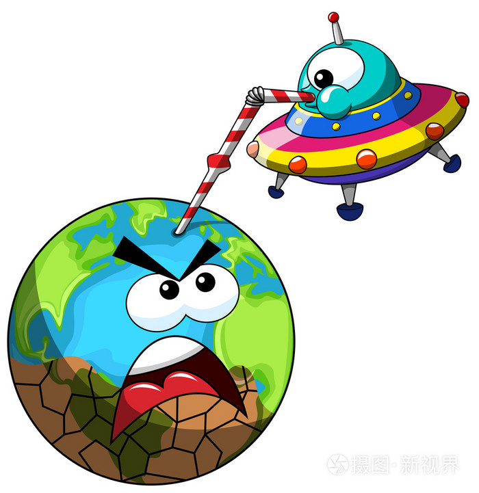卡通外星人或 ufo 太空飞船喝水被隔绝的恼怒的地球