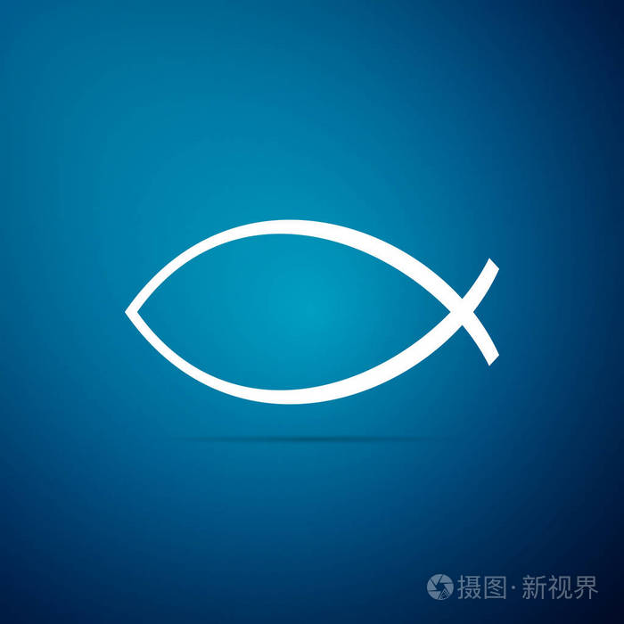 在蓝色背景上隔离的基督教鱼符号图标.耶稣鱼的象征.平面设计.