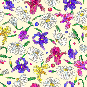 无缝模式与彩色玻璃风格的春天的花朵花 芽 叶的雏菊和鸢尾花在明亮的背景上