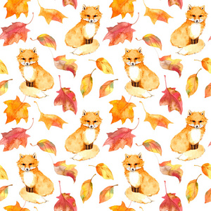 秋天的模式可爱狐狸动物 红色的树叶。无缝水彩
