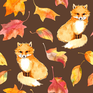 秋天的模式可爱狐狸动物 红色的树叶。无缝水彩