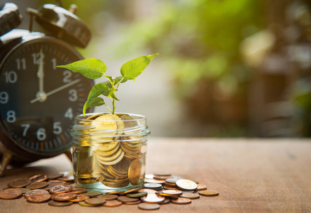 时间和金钱, 植物生长在储蓄硬币和警报以绿色散景背景, 商业财务概念