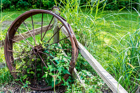 旧的生锈的拖拉机车轮对围栏