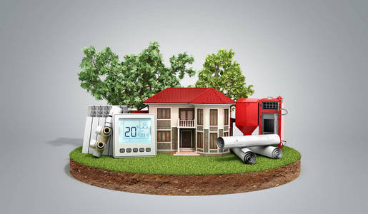 在一块土地上节能房子的概念木锅炉电池恒温控制器3d 渲染灰色