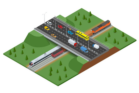 铁路 公路和轨道交通。现代高速列车和货运列车。平面的 3d 矢量等距的概念