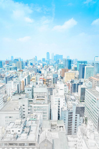 亚洲商业理念全景现代景观建筑鸟瞰日出和清晨蓝色明亮的天空从名古屋电视塔, 日本混合手绘素描插图
