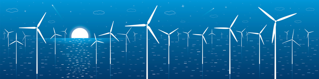 生态全景 风车 涡轮机在海上，风力，能量图，矢量设计艺术