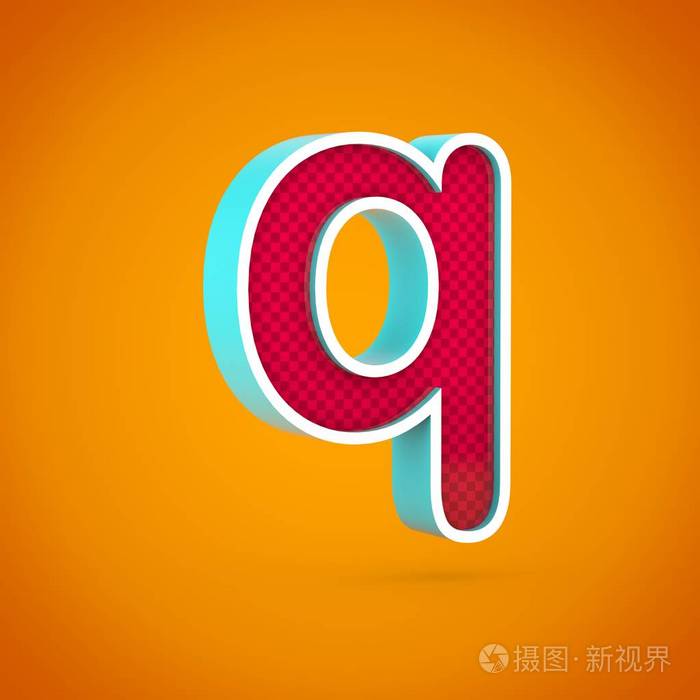 红色字母 q 小写.3d 渲染红色字体, 在热橙色背景下隔离碳纤维纹理