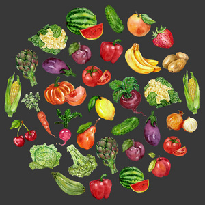 设置与水果和蔬菜的水彩
