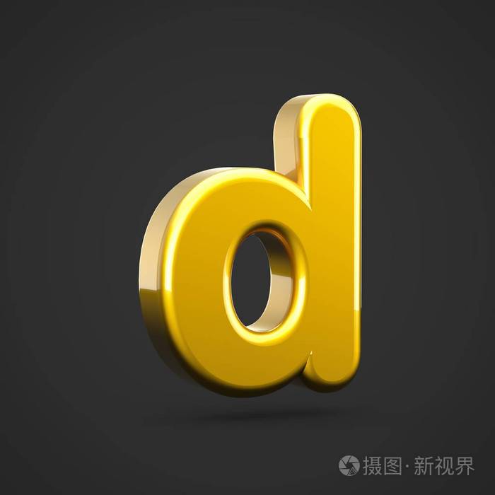 金色字母 d 小写.3d 渲染字体与黑色背景下的金色纹理