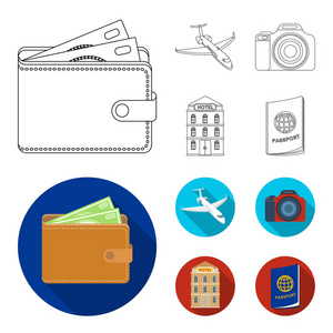 假期旅行钱包钱休息和旅行集图标的轮廓, 平面风格矢量符号股票插画网站