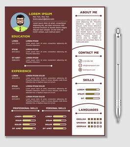 简历和简历模板与漂亮的简约设计和现实的钢笔。矢量插图