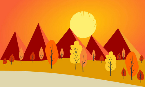 平面矢量景观图在秋季。向量背景与山和树