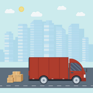 物流配送服务理念 卡车, 货车, 面包车店和城市背景。邮政服务创意图标设计。矢量平图