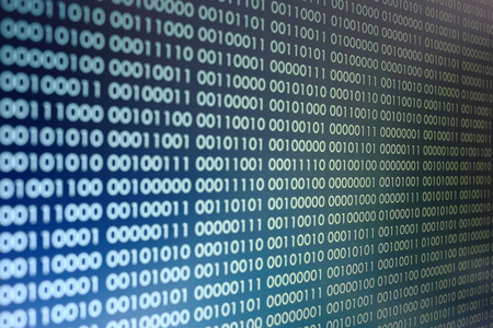 与计算机一蓝色二进制代码。二进制数据块。Blockchain 概念。蓝色背景与计算机数字二进制码位数一和零文本照片