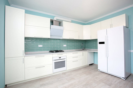 现代白色厨房清洁室内设计。典雅的厨房在豪华房子里