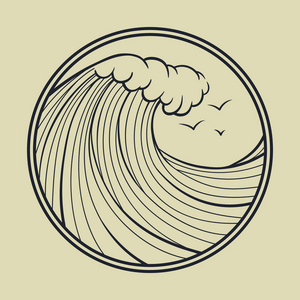 矢量图标。大海浪的轮廓在一个 circlular 框架与海鸥。船舶设计