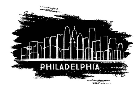 费城城市天际线剪影。手绘素描。矢量插图。商务旅游和旅游概念与历史建筑。费城城市景观与地标