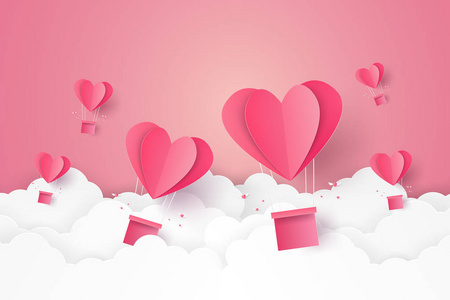情人节, 爱的例证, 热气球的心形飞扬, 纸艺风格