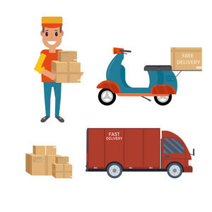 物流和交付图标服务在白色背景下被隔离 带包裹的微笑信使, 盒子, 包裹, 滑板车和红色卡车, 面包车。邮政服务创意设计。矢量平