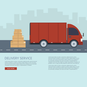 物流配送服务理念 卡车货车货车与店铺店铺及城市背景。邮政服务创意横幅设计。矢量平图