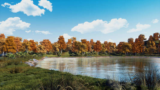 在晴朗的日子里, 平静的森林湖泊或池塘岸边的风景鲜艳的树木, 宁静的秋天景色。没有人秋天季节3d 插图从我自己的3d 渲染文件