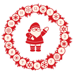 圣诞老人和圣诞花圈与冷杉分支, 雪花。新年和圣诞节符号。新年快乐2019卡