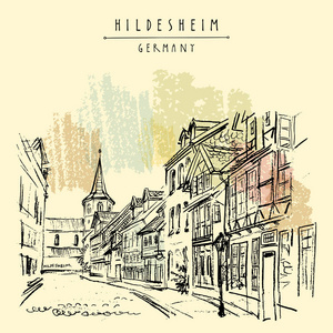 Hildesheim, 德国, 欧洲。在老城的街道。fachwerk 木料 房子和教会的旅行剪影。老式手工画明信片。矢量插图