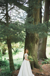 美女名车年轻的新娘穿着婚纱，在公园里摆姿势