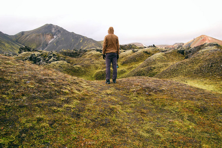一个人看着 Landmannalaugar 山谷