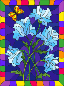 彩色玻璃风格插图蓝色抽象花和蝴蝶在蓝色背景在明亮的框架