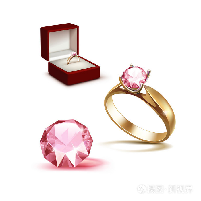 黄金订婚戒指的粉红色钻石在红色首饰盒插画-正版商用图片0sdhjw-摄图