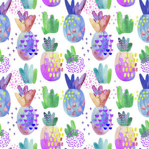 五颜六色的装饰菠萝带有水彩质感, 涂鸦画, 抽象几何元素。凉爽的夏季无缝模式。手绘插图。幼稚卡通风格的艺术背景