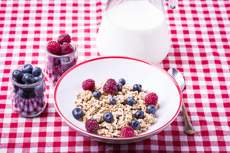精致的早餐，牛奶什锦早餐与蓝莓和覆盆子