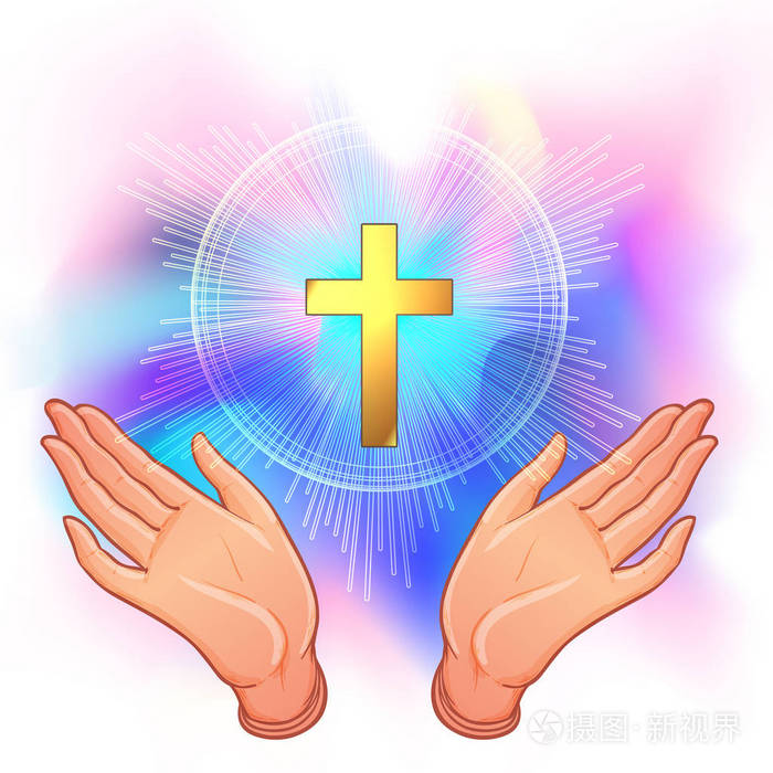 祈祷或崇拜.一个虔诚的基督徒崇拜主的儿子 (耶稣基督) 的矢量例证.