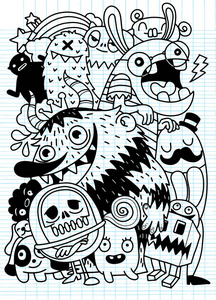 可爱的恐怖万圣节怪物和糖果, 一套有趣的可爱的怪物, 外星人或幻想动物的儿童着色书籍或 t恤衫。手绘线艺术卡通矢量插画