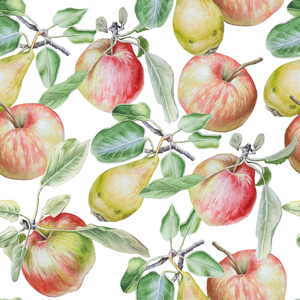 与水果的无缝模式。苹果和梨。水彩插图