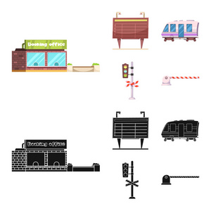 火车和车站标志的矢量插图。网上火车票股票符号的收集