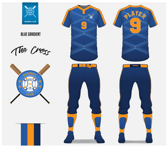 棒球球衣, 裤子和袜子模板设计。蓝色渐变和横条纹棒球制服 t恤模仿。拉格伦 t恤运动在前面和后面的看法。平面棒球标志设计。矢量插