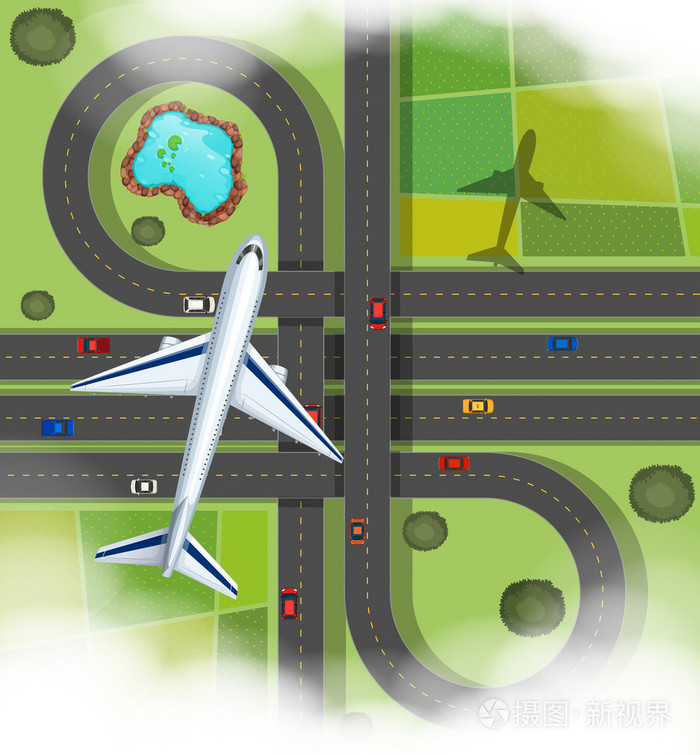 用在道路上空飞行的飞机的空中场景插画-正版商用图片