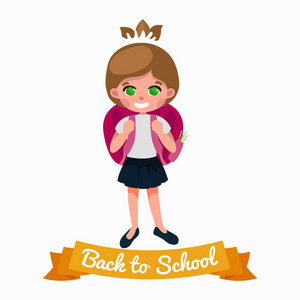 小女孩带着学校背包和书回到概念